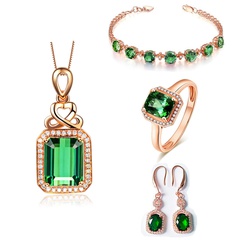 Green Tourmaline Gemstone Ring Bracelet Emerald Necklace Retro Earrings Jewelry Set