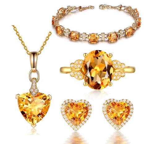 Citrine Bracelet 18k Yellow Gold Diamond Ring Heart Stud Earrings Necklace Set's discount tags