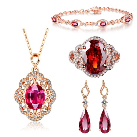 Rose Gold Red Crystal Drop-shaped Ruby Bracelet Ring Earrings Tourmaline Clavicle Chain Set's discount tags