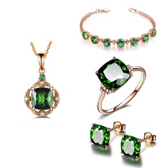 Square Four Claw Stud Earrings Emerald Necklace Clover Bracelet Green Tourmaline Crystal Ring Set