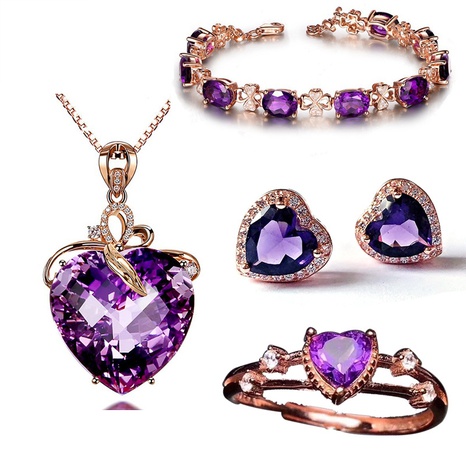 Heart-shaped amethyst pendant necklace four-leaf clover bracelet amethyst earrings set's discount tags