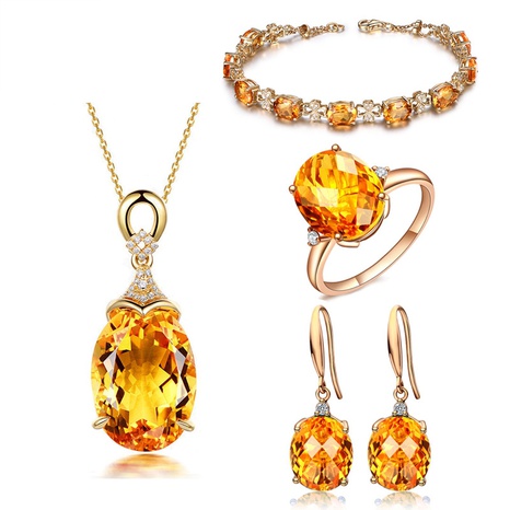 Simple Moissanite Bracelet Plated Four-Claw Citrine Ring Oval Earrings Citrine Pendant Set's discount tags