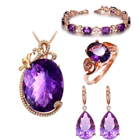 Amethyst Heart Necklace Earring Clover Diamond Bracelet Ring Jewelry Set's discount tags