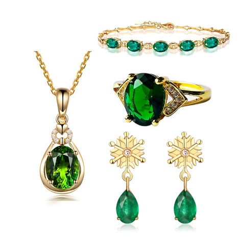 fashion bracelet emerald ring snowflake green tourmaline earrings plated 18K gold necklace set's discount tags