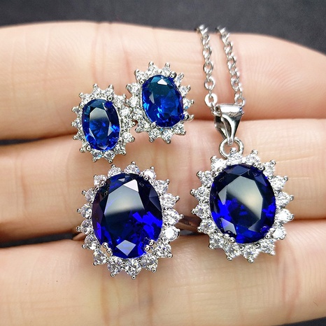 Wholesale Fashion Imitation Blue Crystal Sapphire Sunflower Jewelry Set's discount tags