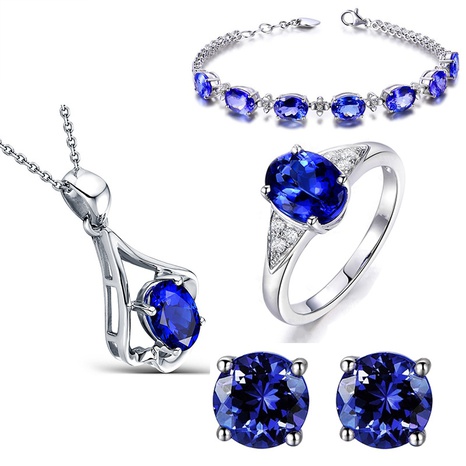 Blue Tanzanite Crystal Necklace Set Bracelet Four-Claw Sapphire Ring Set's discount tags