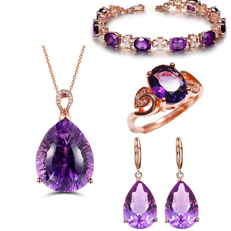 fashion amethyst bracelet four-claw purple gemstone diamond ring drop-shaped ear hook pendant set's discount tags