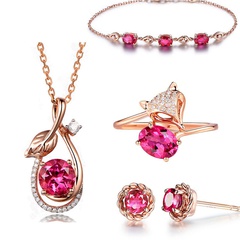Red tourmaline bracelet simple rose flower earrings ruby leaf pendant pigeon blood red crystal ring set
