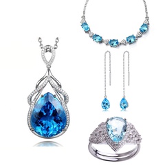 Schmuckset Wassertropfen-Saphir-Ring langer Quasten-Ohrring Meerjungfrau-Tränen-Halskette, blaues Topas-Armband