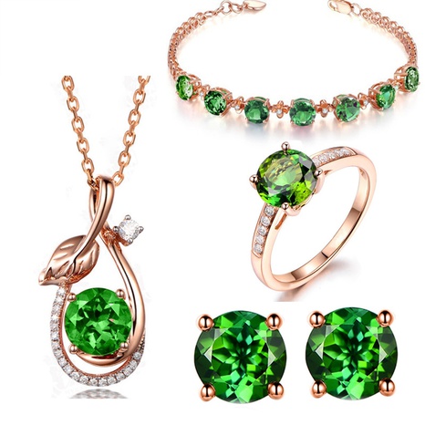 Four-leaf clover full diamond bracelet green crystal ring four-claw earrings emerald leaf pendant set's discount tags