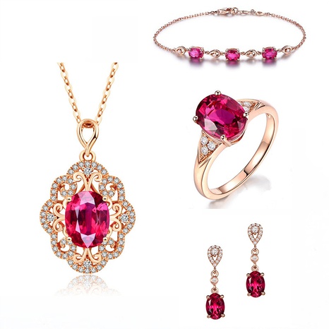new inlaid zircon silver-plated rose gold pigeon blood red tourmaline jewelry set's discount tags