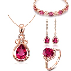 fashion pink crystal bracelet open ring ruby tassel ear hook red tourmaline pendant set
