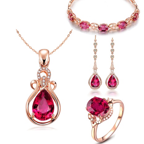 fashion pink crystal bracelet open ring ruby tassel ear hook red tourmaline pendant set's discount tags