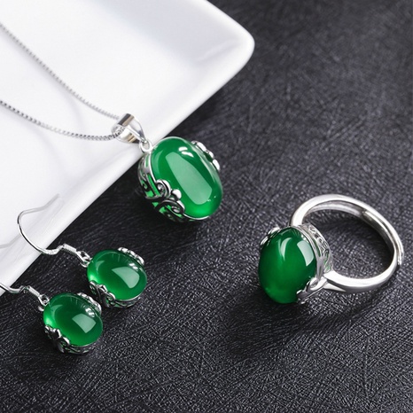 Chrysoprase Jewelry Set Retro Carved Colorful Treasure Ring Pendant Ear Hook Three-piece Set's discount tags