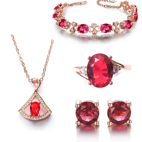 Hollow four-leaf clover bracelet chalcedony open ring red crystal four-claw earrings necklace jewelry set's discount tags