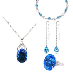 Aquamarine crystal bracelet topaz ring long tassel ear chain sapphire four-claw necklace jewelry set