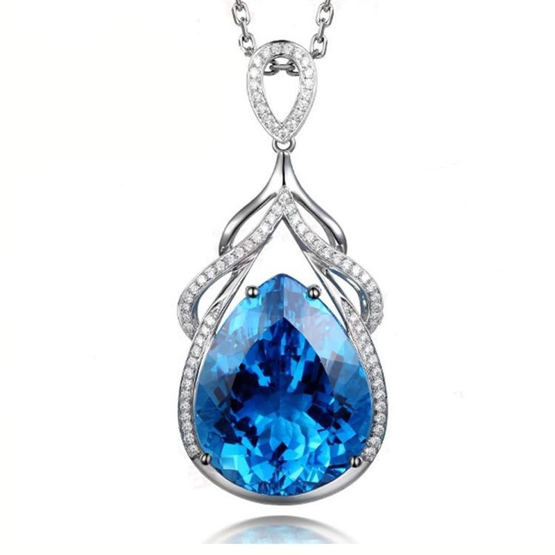 New Mermaid Tears Inlaid Zircon Blue Topaz Water Drop Shape Pendant Necklace