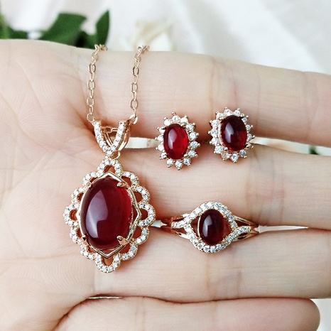 fashion imitation garnet pigeon blood red earrings ring necklace three-piece set's discount tags