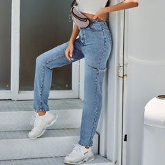 2022 spring new retro side ripped high waist denim trousers