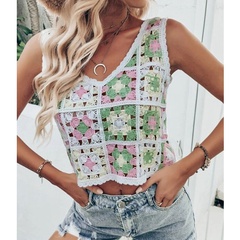2022 summer new European and American heavy craftsmanship multicolor woven V-neck vest hollow top blouse