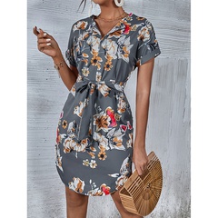 spring and summer new printed V-neck short-sleeved lace-up dress