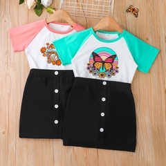 T-shirt imprimé à manches courtes boutons couleur unie jupe vêtements pour enfants ensemble deux pièces