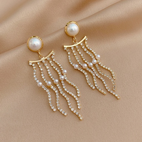 fashion pearl copper inlaid rhinestone tassel earrings wholesale's discount tags