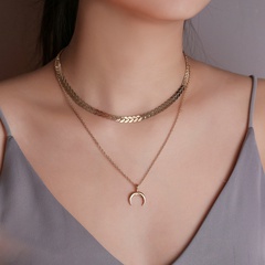 new fashion geometric moon pendent double-layer fishbone chain necklace