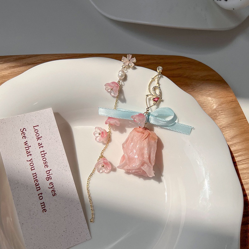 fashion pink flower crystal long tassel asymmetric earrings
