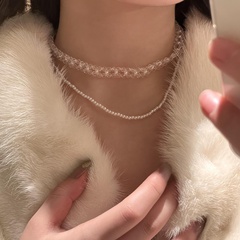 collier de perles à la main de chaîne de clavicule de perle de cristal de mode double couche