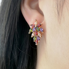 New wish hot sale bohemian fashion leaf mixed color zircon earrings stud earrings