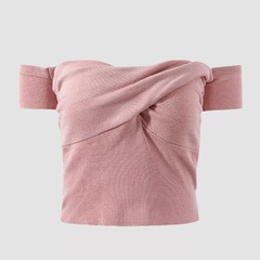 Ladies Sexy One-Shoulder Cropped Navel Short Sleeve Knit Top