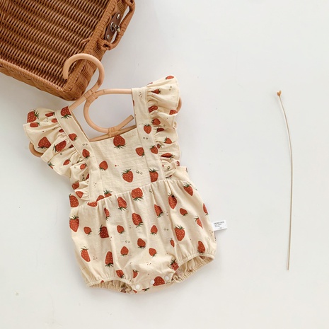 summer baby onesie cute strawberry print flying sleeves thin strap triangle romper's discount tags