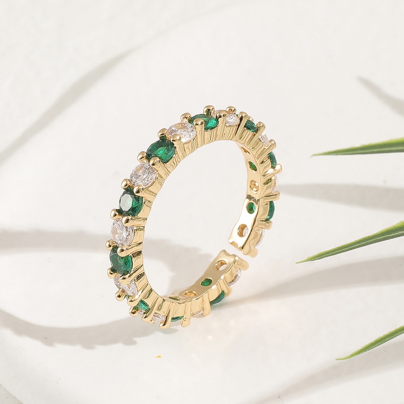 fashion copper microencrusted green and white zircon geometric tail ring female