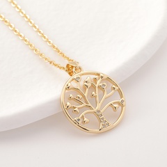 Nueva joyería simple para mujer, colgante redondo de árbol de la vida, collar de oro real chapado en cobre