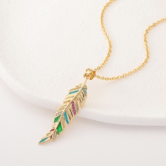 fashion copper micro-inlaid zircon pendant leaf feather necklace female