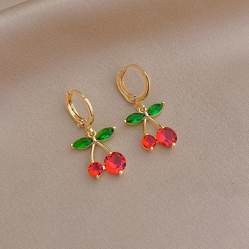 Cute small rhinestones cherry copper fruit earrings