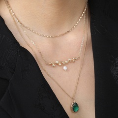 Retro classical emerald water drop pendant multi-layer alloy necklace