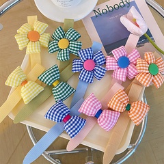 A pair of girls plaid flower Velcro bow children's knitted headband