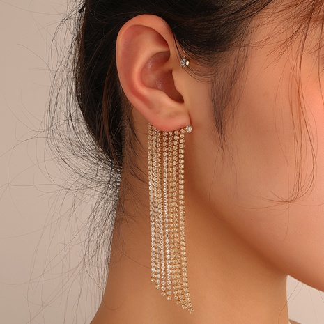 Fashion long tassel geometric C-shaped copper inlaid zircon ear clips's discount tags