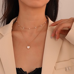 retro stacked double-layer pearl heart pendant alloy clavicle chain