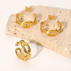 18K Gold Stainless Steel Coffee Bean Buckle Chain C-Type Earrings Open Ring