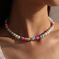Bohemian ethnic style imitation pearl soft pottery color alloy necklace