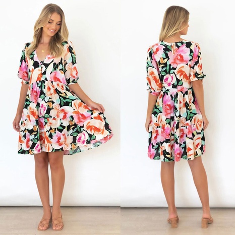 Summer Floral Print V-Neck Short Sleeve Loose Swing Dress Women's's discount tags