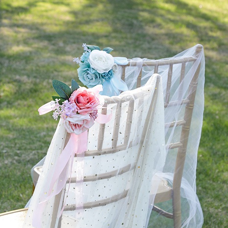 Decoración de silla de boda para banquete de iglesia con flores en la parte posterior de la silla de flores de simulación de rosas's discount tags