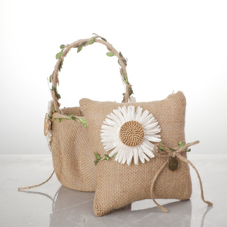 Western Wedding Set Simulated Sunflower Burlap Satin Ring Pillow Flower Basket's discount tags