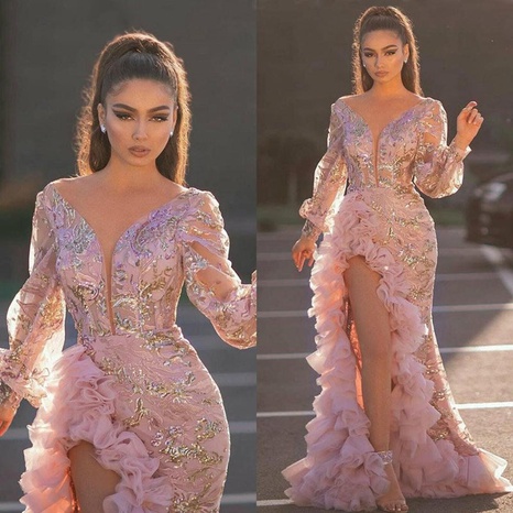 fashion sexy hips trailing sequins pink long mesh evening dress's discount tags