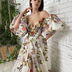 Spring and summer new one-shoulder long skirt tube top slit printing mesh dress