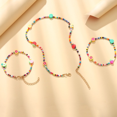 Fashion Fruit Necklace Bohemian Colorful Beaded Bracelet Anklet Three-piece Set's discount tags