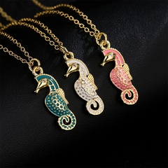 Fashion copper 18K gold color drip oil cute seahorse pendant necklace
